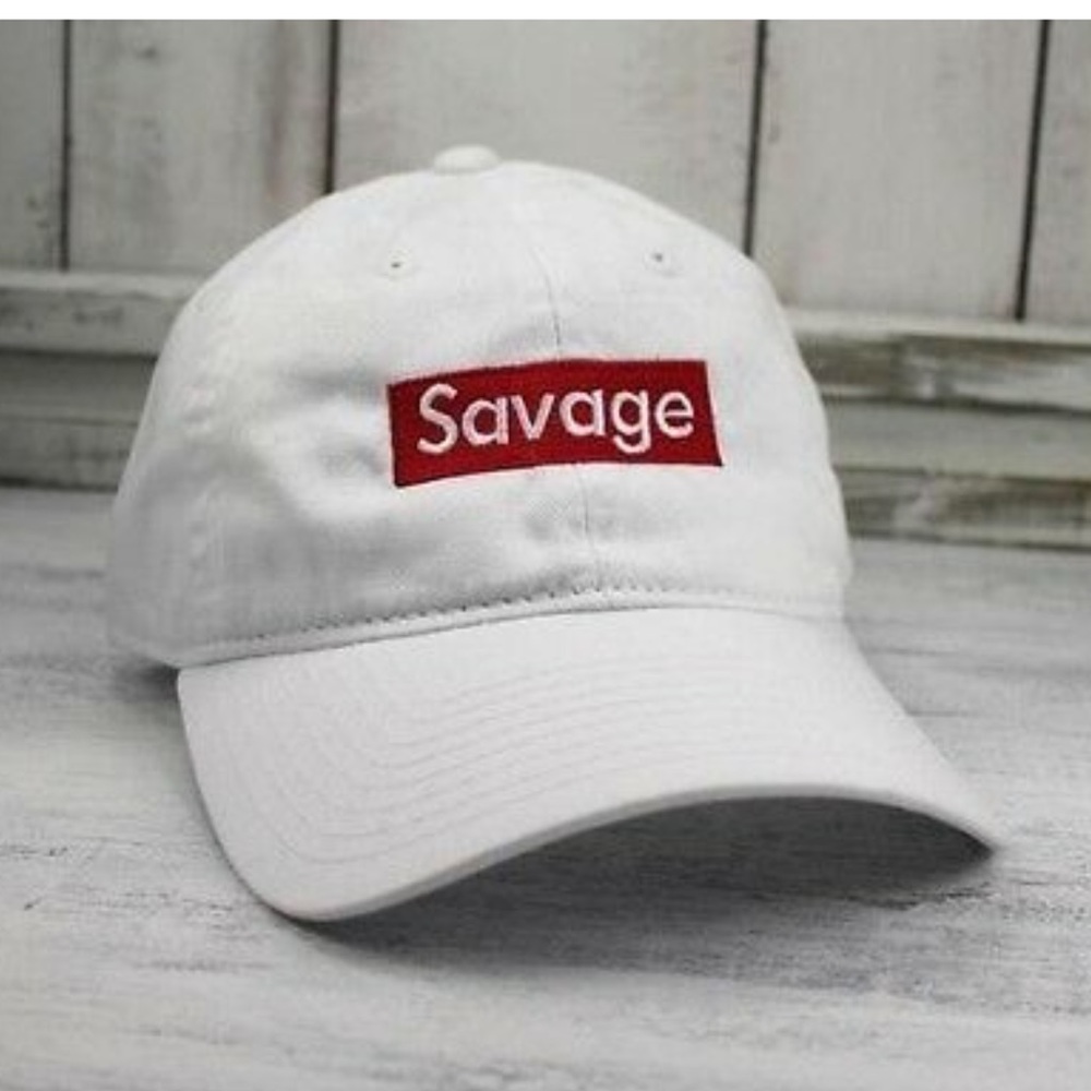 “SAVAGE” in red on white hat NWOT